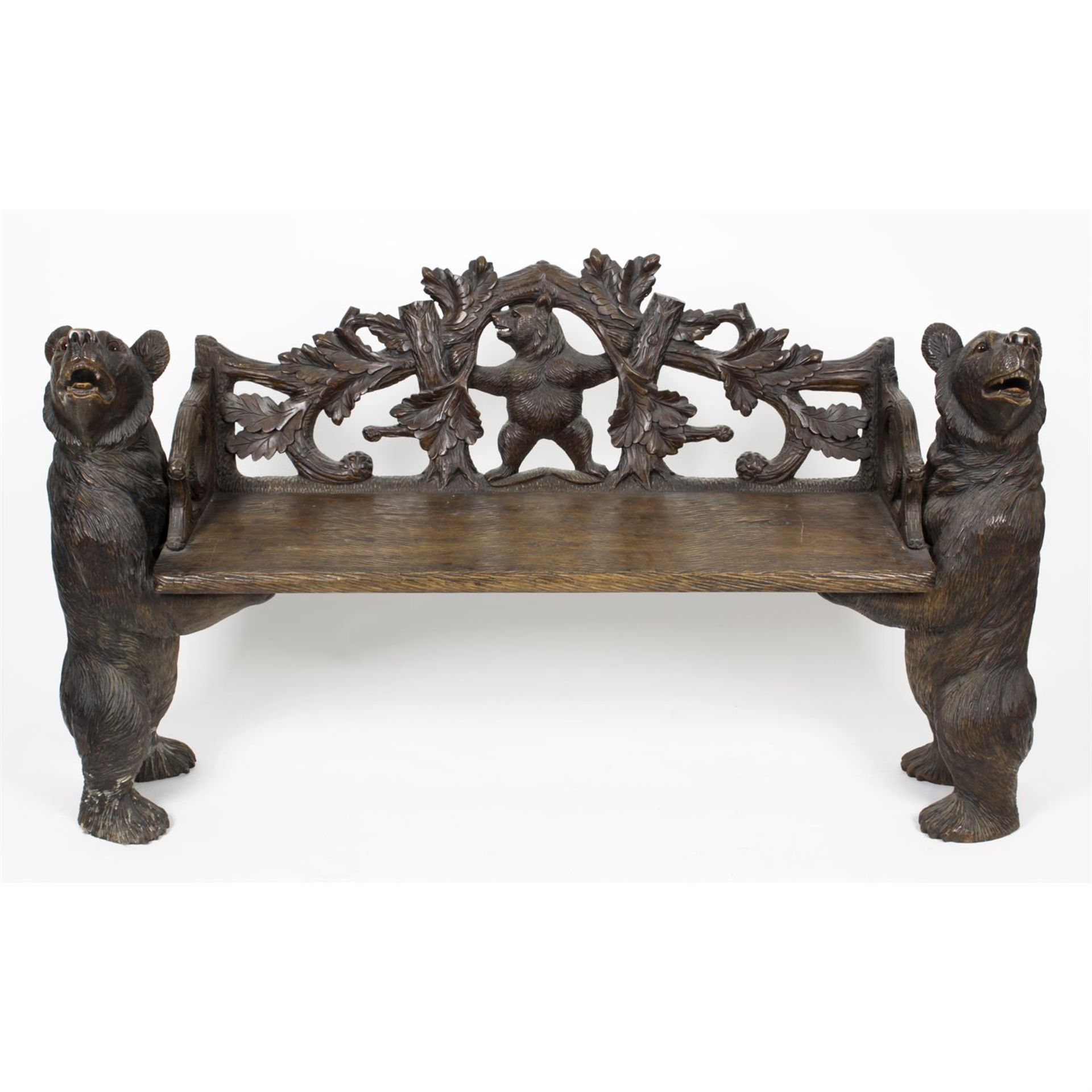 A late 19th century Black Forest bear carved wood bench. - Image 2 of 3