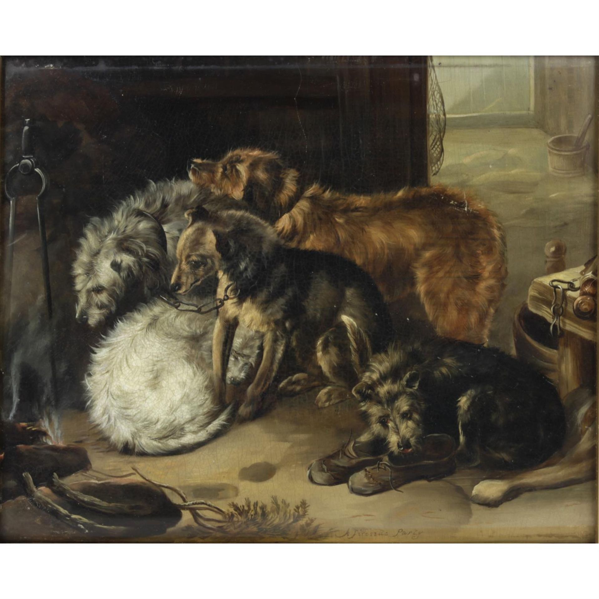 A 19th century oil painting, interior scene with a group of dogs.