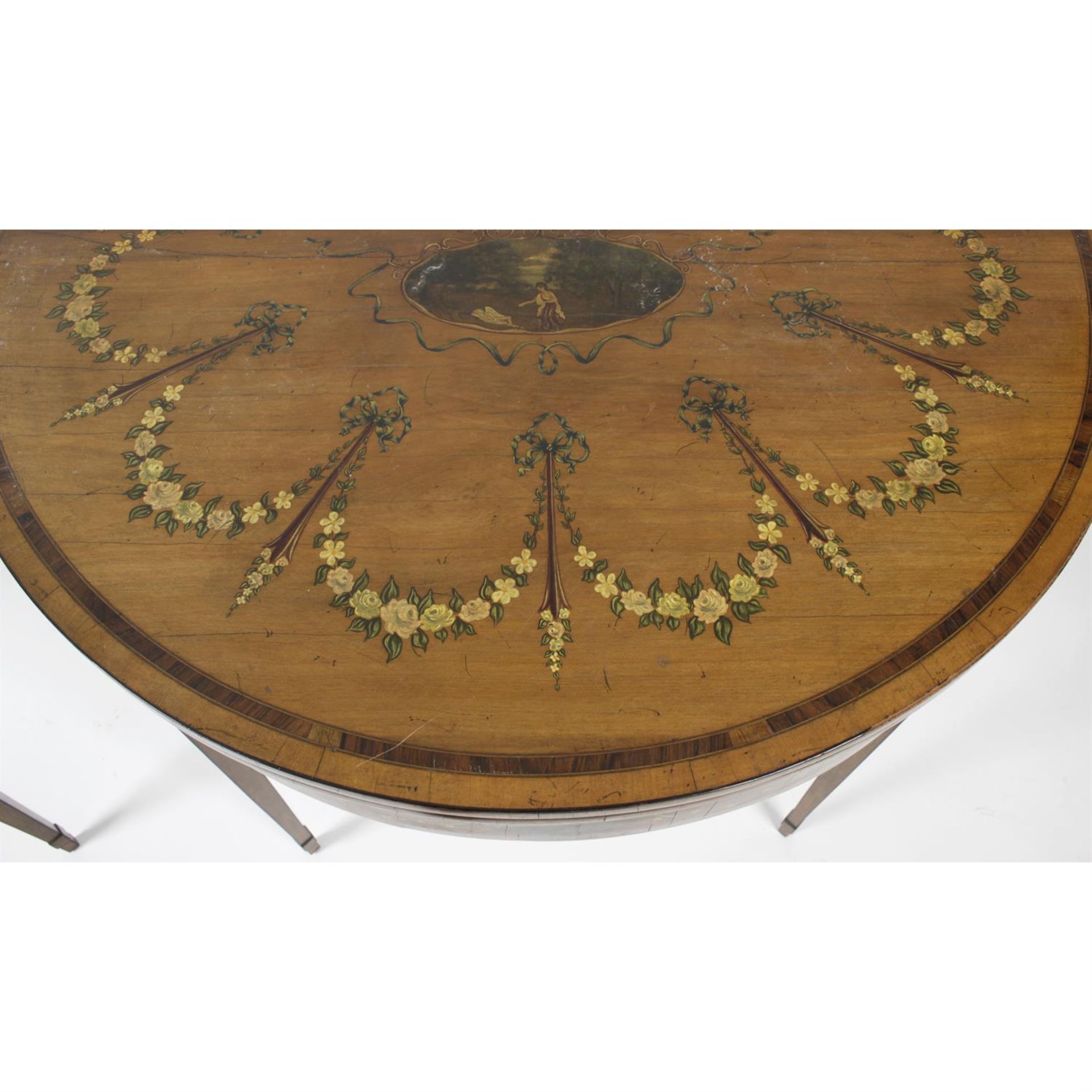 A near pair of early 20th century painted satinwood card tables, each of demi-lune shaped form. - Image 3 of 6