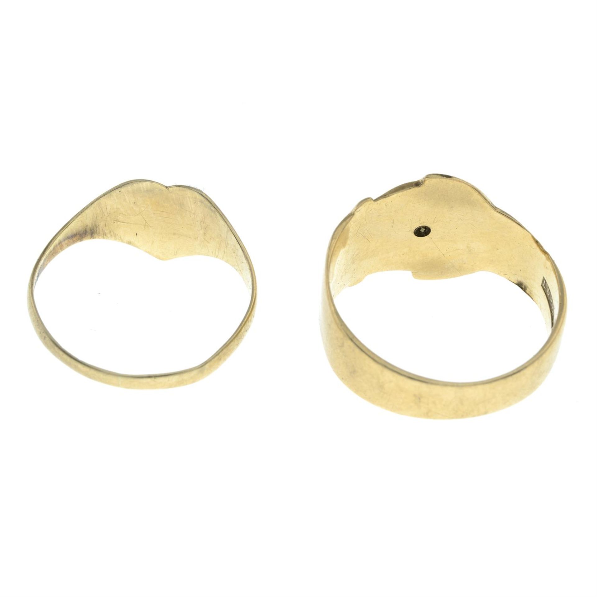 A 9ct gold heart shape signet ring, together with a 9ct gold buckle ring with single-cut diamond - Image 2 of 2