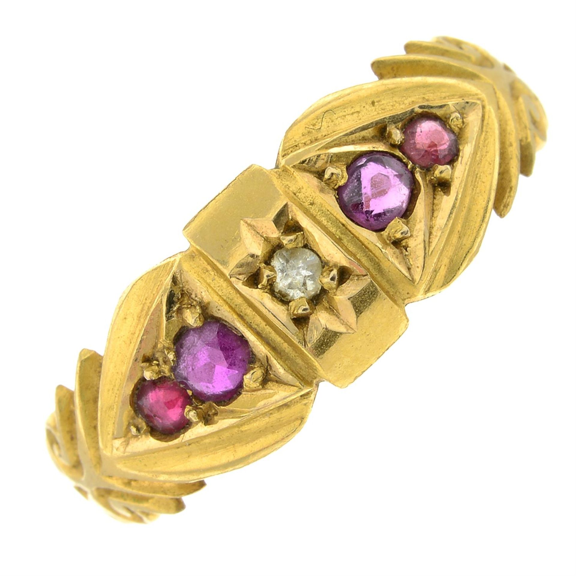 An Edwardian 18ct gold ruby and rose-cut diamond band ring.
