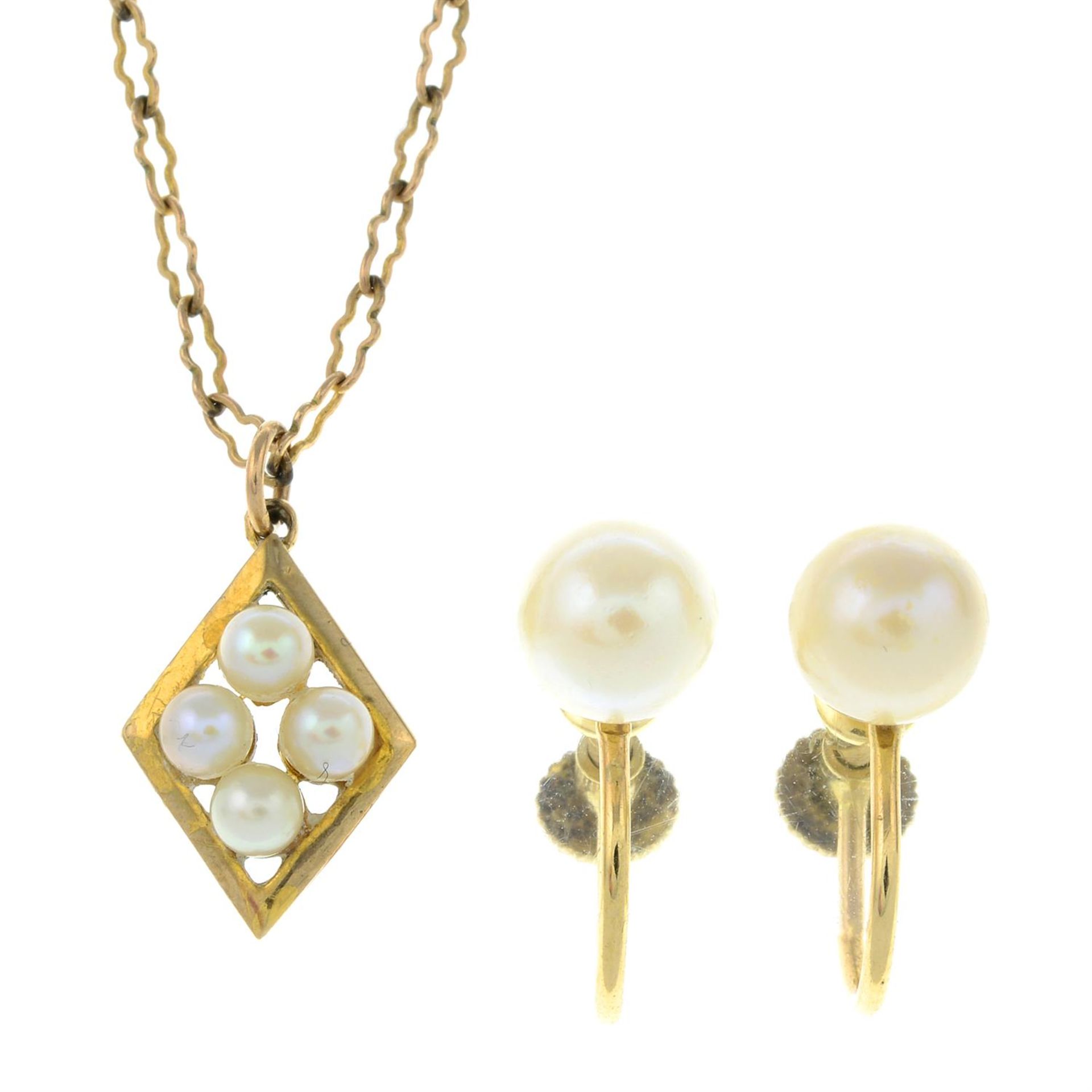 A 9ct gold seed pearl pendant with chain, together with a pair of cultured pearl screw-back