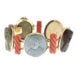 A late 19th century gold hardstone and lava cameo panel bracelet, depicting writers of Italian