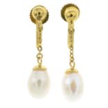 A pair of cultured pearl drop earrings.