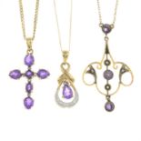 An Edwardian 9ct gold amethyst and split pearl pendant, on partial chain, together with two further