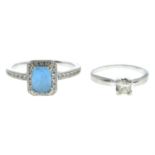 A platinum square-shape diamond single-stone ring, together with a blue topaz and brilliant-cut