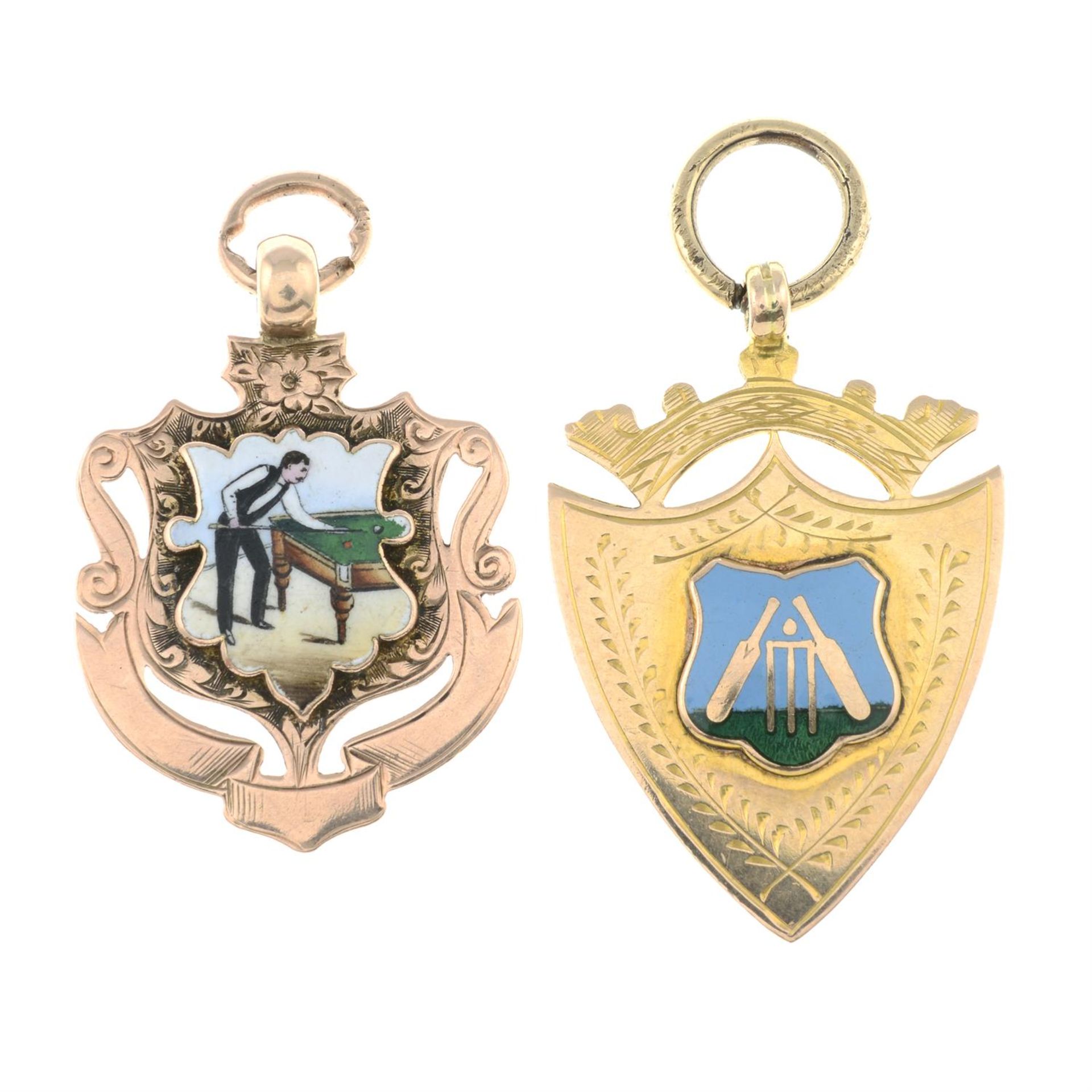 Two Edwardian to early 20th century 9ct gold enamel fobs.