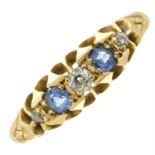 An Edwardian 18ct gold sapphire and old-cut diamond five-stone ring.