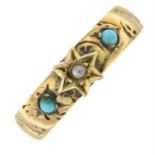 A late Victorian 18ct gold turquoise and split pearl band ring, with star motif.