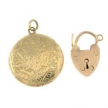 An early 20th century 9ct gold circular-shape locket, together with a heart-shape padlock clasp.