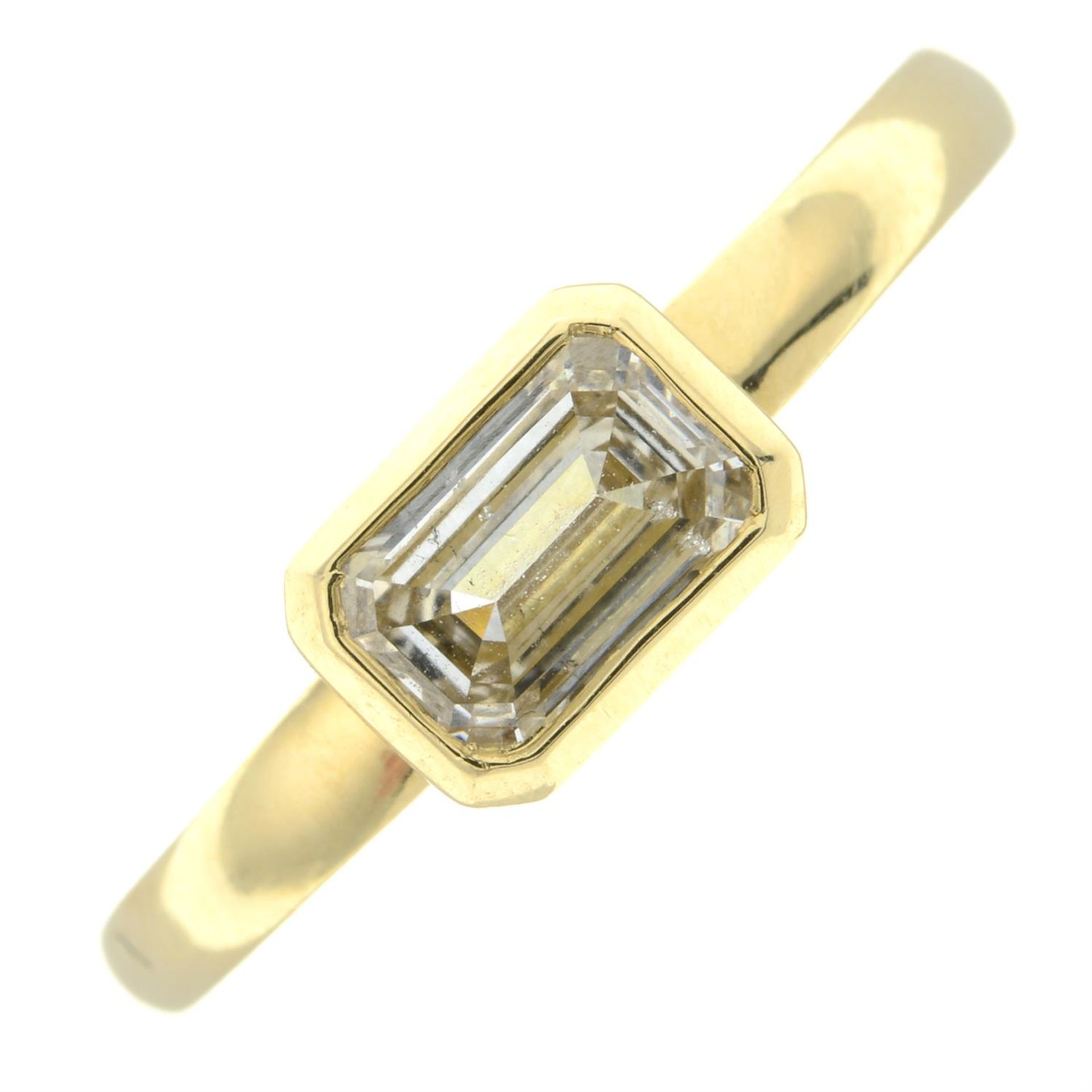 An 18ct gold rectangular-shape diamond single-stone ring.