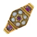 A Victorian 15ct gold ruby and split pearl floral cluster ring.