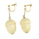 A pair of early 20th century 9ct gold feldspar acorn drop earrings.