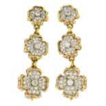 A pair of brilliant-cut diamond floral drop earrings.