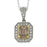 An 18ct gold rectangular-shape 'brown' diamond and brilliant-cut diamond cluster pendant,