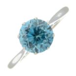 A blue zircon single-stone ring.