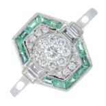 An 18ct gold emerald and diamond geometric dress ring.