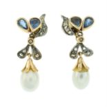 A pair of sapphire, diamond and cultured pearl earrings.