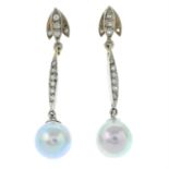 A pair of cultured pearl and single-cut diamond drop earrings.