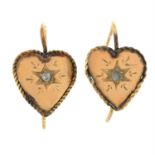 A pair of Edwardian 18ct gold heart-shape earrings, with rose-cut diamond highlight.
