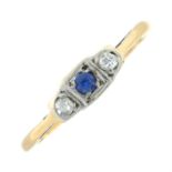 A mid 20th century gold sapphire and old-cut diamond three-stone ring.