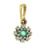 A 9ct gold emerald and single-cut diamond pendant.