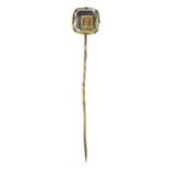 A late 18th century 9ct gold monogram rock crystal stickpin, with later pin.