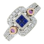 A vari-hue sapphire and diamond dress ring.