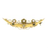 An Edwardian 15ct gold seed pearl, diamond and green paste crescent brooch.