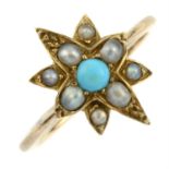 An early 20th century 9ct gold turquoise and split pearl star ring.