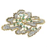 A mid 20th century bi-colour 18ct gold, diamond and emerald abstract brooch.