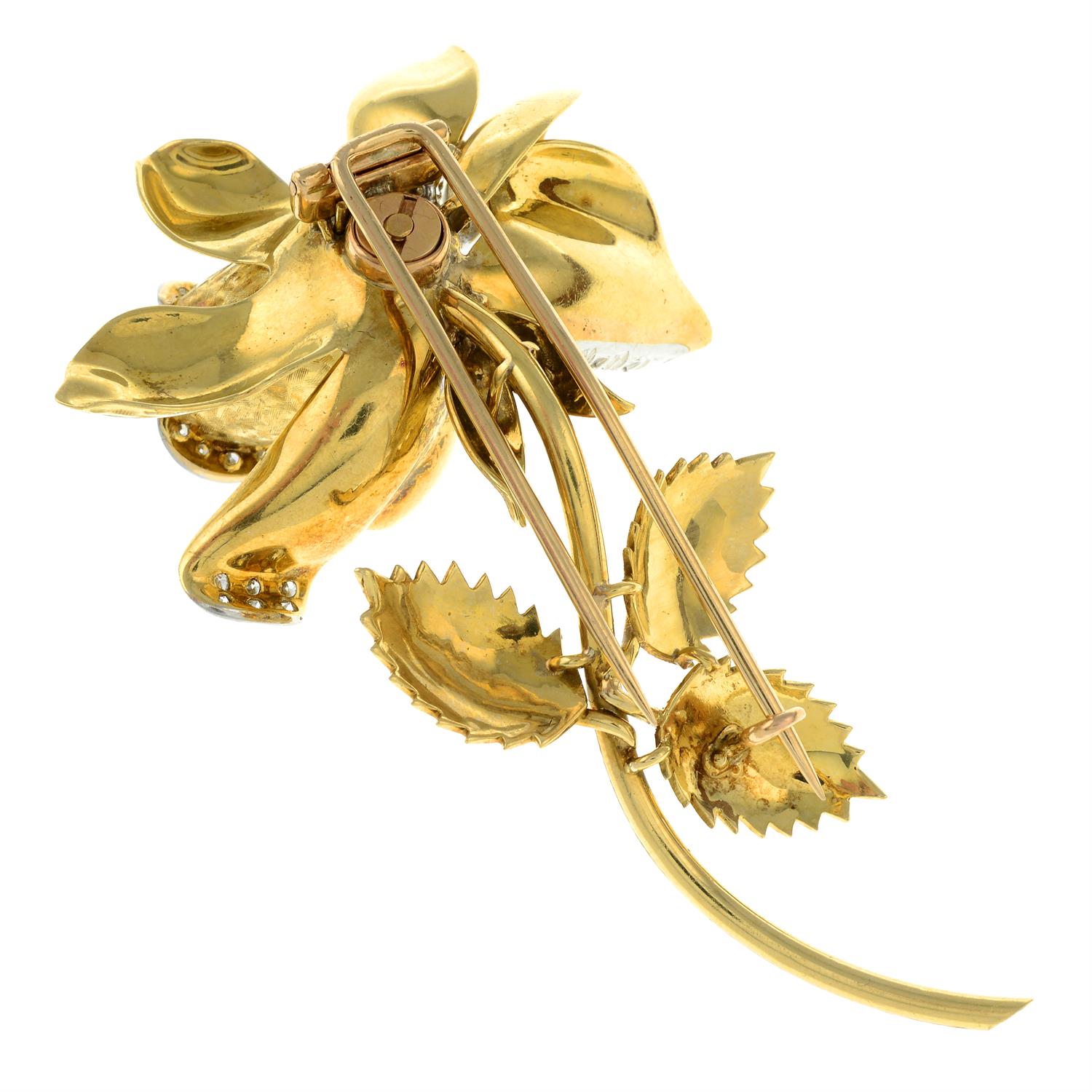 A mid 20th century 18ct gold textured rose floral brooch, with pavé-set diamond highlights. - Image 2 of 3