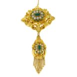An early Victorian 18ct gold emerald and opal brooch, with emerald and opal drop.