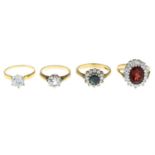 Three 9ct gold gem-set rings, together with a further gem-set ring.