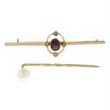 An Edwardian 9ct gold garnet and split pearl bar brooch, together with a 9ct gold cultured pearl