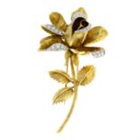 A mid 20th century 18ct gold textured rose floral brooch, with pavé-set diamond highlights.