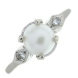 A cultured pearl ring, with single-cut diamond highlights.