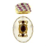 A garnet and chalcedony brooch, together with a ruby and cubic zirconia dress ring.