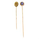 Two early 20th century gold gem-set stickpins.