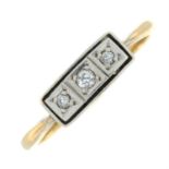 A mid 20th century 18ct gold and platinum old-cut diamond three-stone ring.