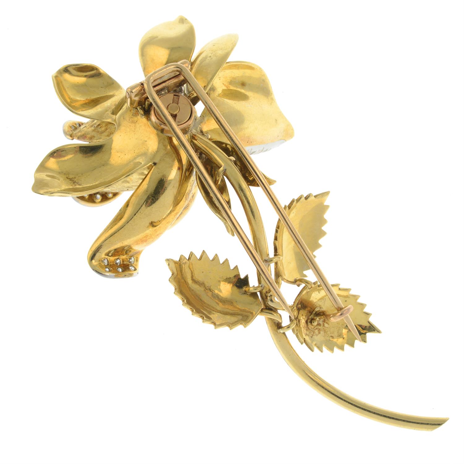 A mid 20th century 18ct gold textured rose floral brooch, with pavé-set diamond highlights. - Image 3 of 3
