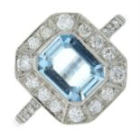 Aquamarine and diamond platinum octagonal cluster ring