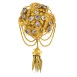 An early to mid 19th century gold foil-back beryl floral brooch, with snake-link swags and tassel