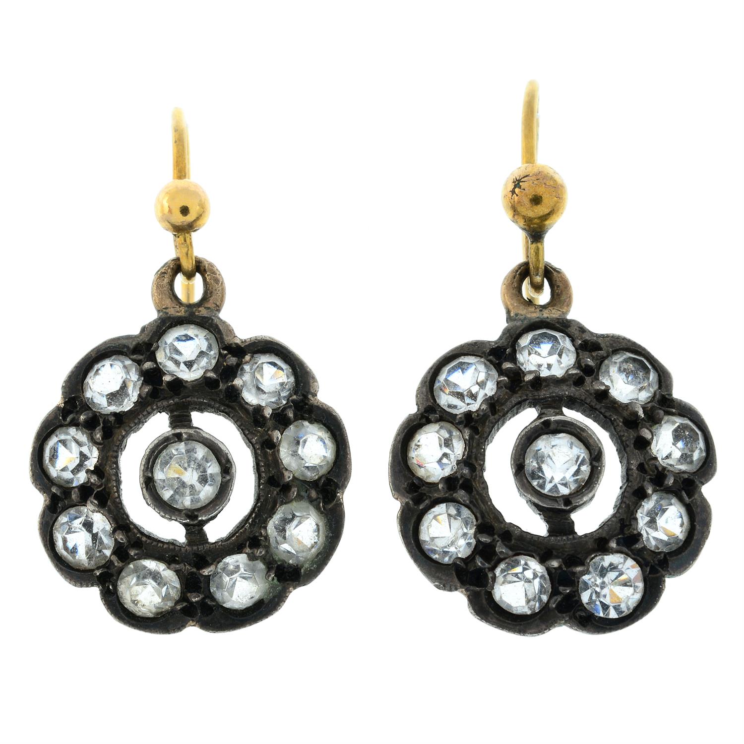 A pair of early 20th century 9ct gold and silver colourless paste cluster earrings.