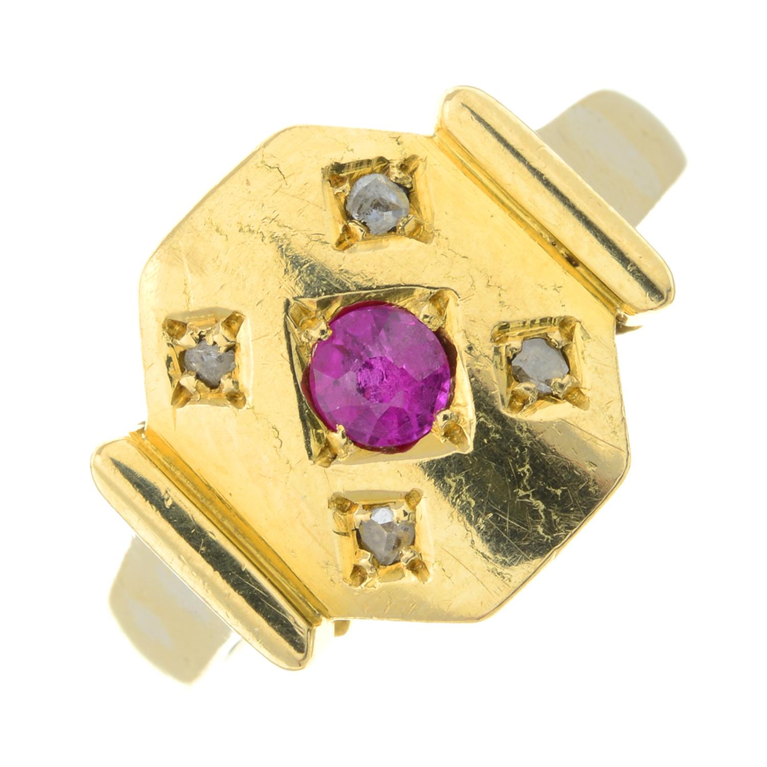 A ruby and rose-cut diamond signet ring.