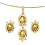 A set of diamond and citrine jewellery, comprising a pendant with chain and a pair of earrings.