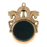 An Edwardian 9ct gold carnelian and bloodstone swivel fob, with horse and horseshoe motif surmount.