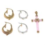 Two pairs of hoop earrings, and a 9ct gold rose quartz cross pendant.