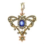 An early 20th century 9ct gold synthetic sapphire and split pearl brooch/pendant.