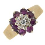 A 1970's 9ct gold ruby and single-cut diamond floral cluster ring.